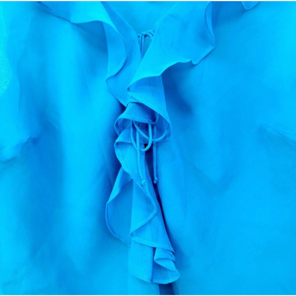 Vintage Y2K 2000s ICE Women's Silk Ruffle Tie Front Blouse Size M Turquoise Blue - Picture 3 of 9